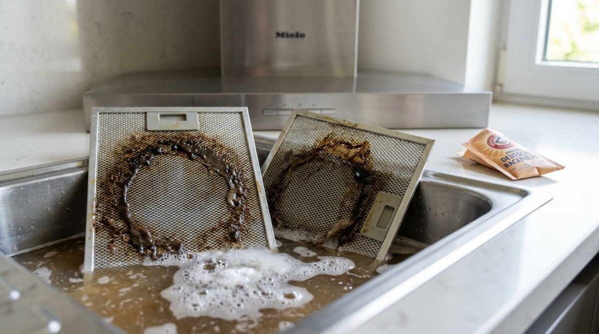 erfahren Sie, wie Sie fettverschmutzte Dunstabzugshauben-Filter mit einem einfachen Zwei-Zutaten-Bad gründlich und mühelos reinigen