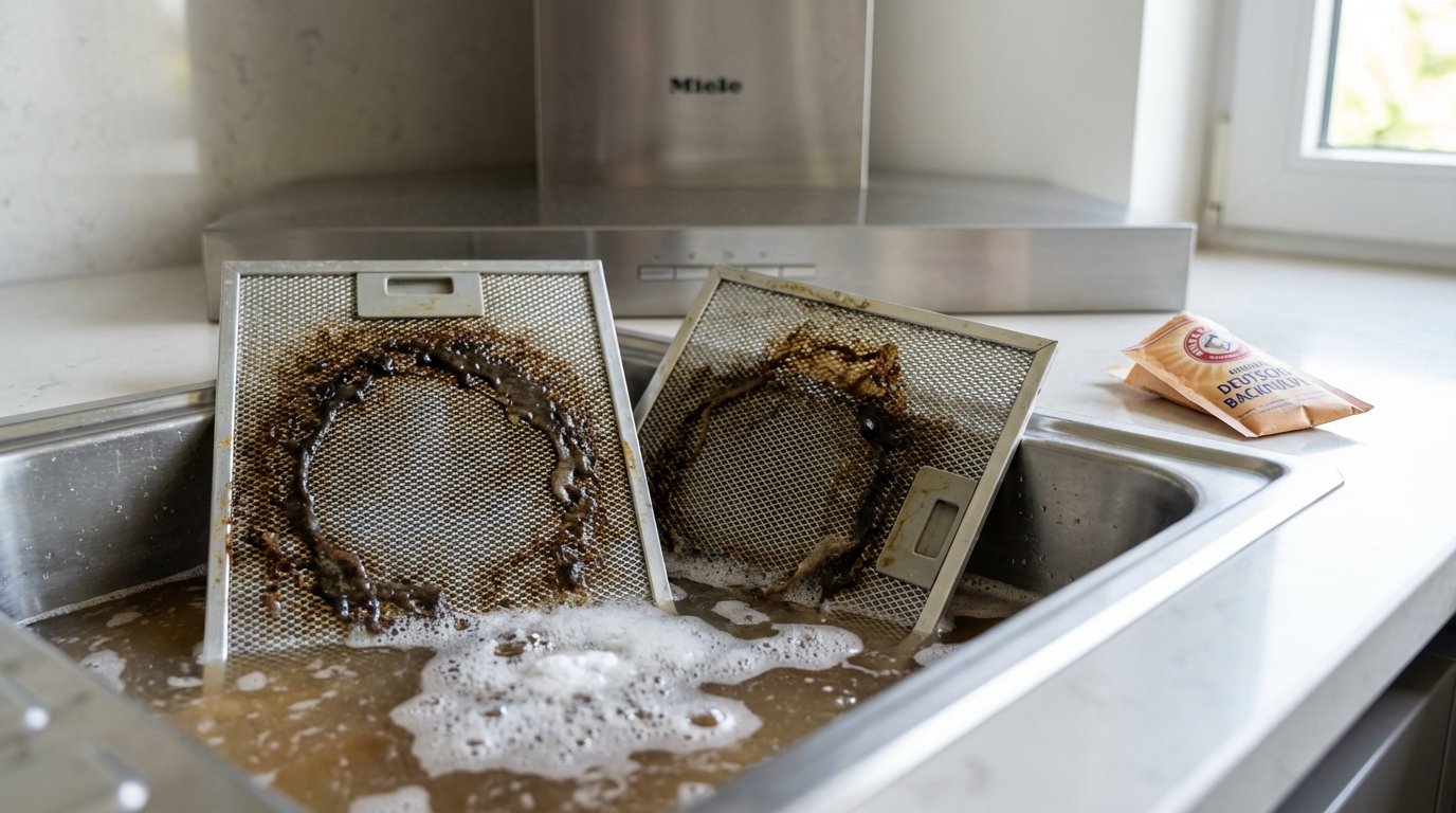 erfahren Sie, wie Sie fettverschmutzte Dunstabzugshauben-Filter mit einem einfachen Zwei-Zutaten-Bad gründlich und mühelos reinigen