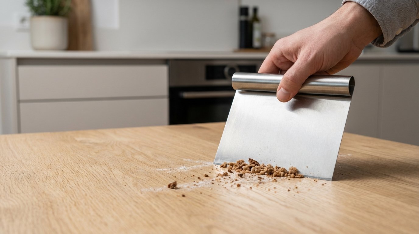 erfahren Sie, wie ein Küchenschaber Krümel effektiv vom Tisch entfernt und die Haushaltsreinigung vereinfacht